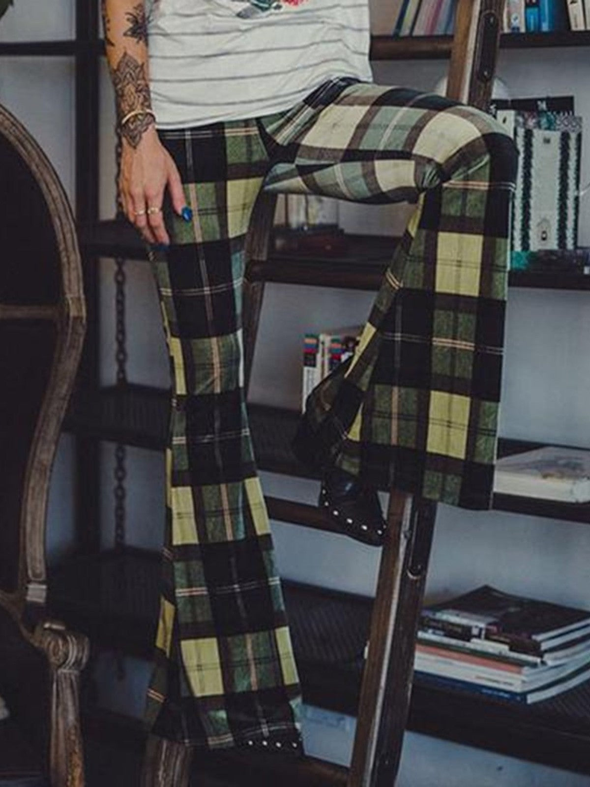 Amelia Plaid High-Waist Flared Pants