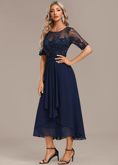 Hazel Navy Lace Short Sleeve Round Neck Dress