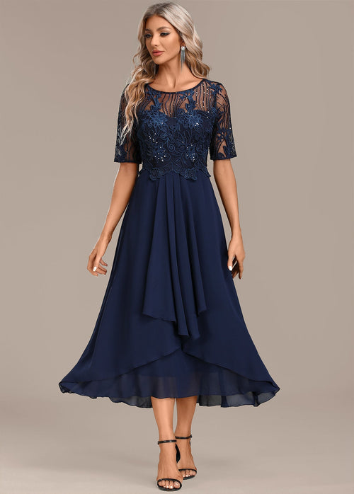 Hazel Navy Lace Short Sleeve Round Neck Dress
