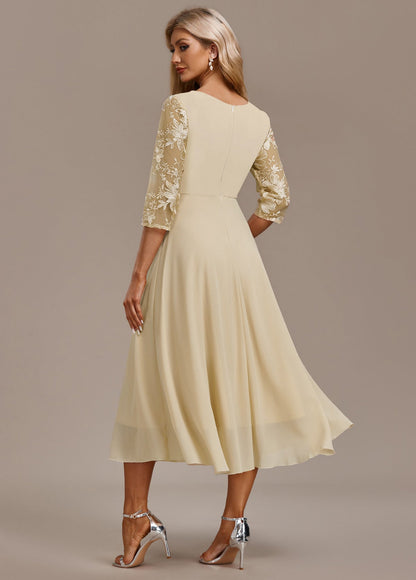 Alisa Champagne Embroidery 3/4 Sleeve Round Neck Dress