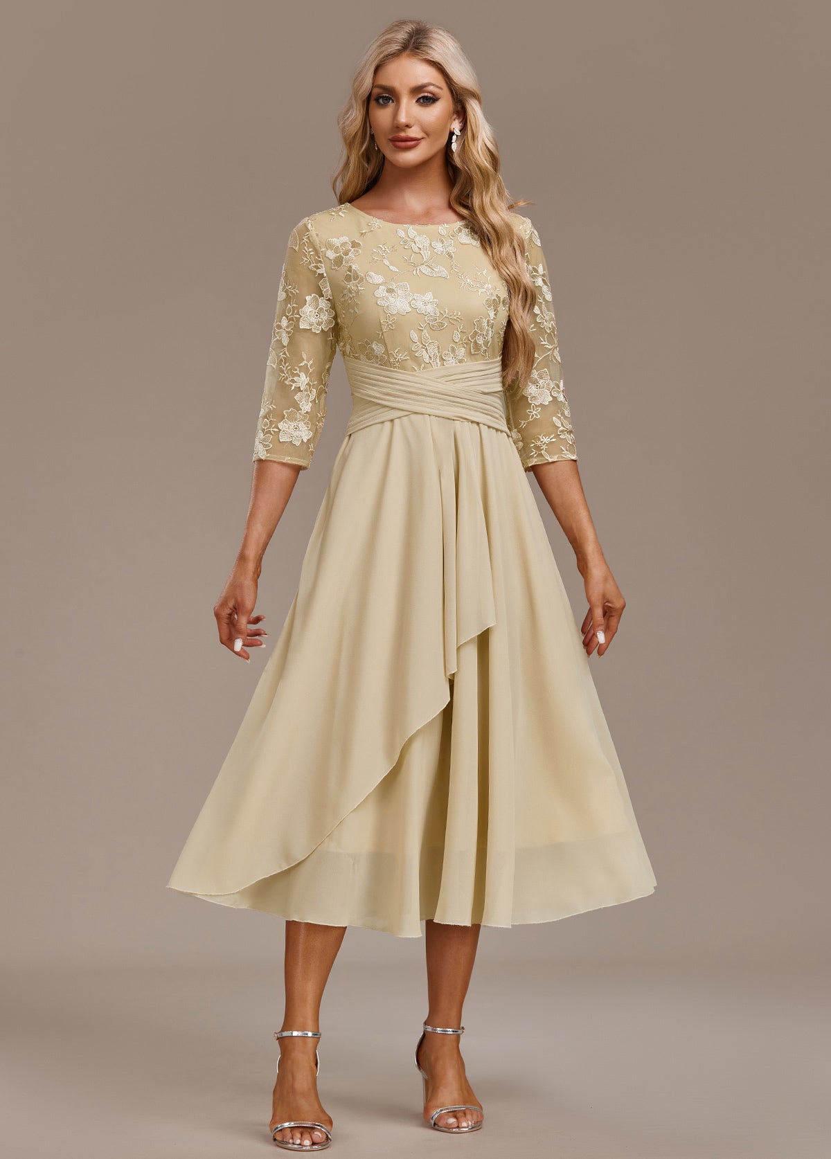 Alisa Champagne Embroidery 3/4 Sleeve Round Neck Dress