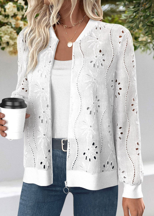 Claire White Jacquard Long Sleeve Stand Collar Track Jacket
