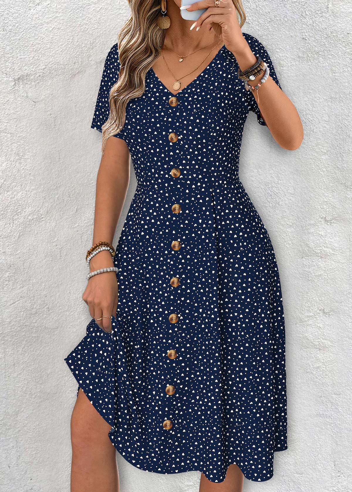 Claire Navy Polka Dot Short Sleeve V Neck Dress