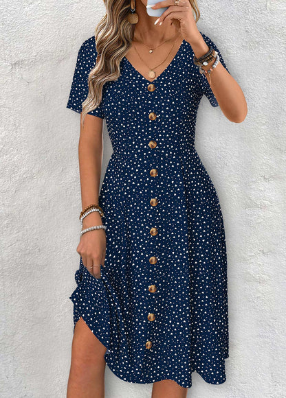 Claire Navy Polka Dot Short Sleeve V Neck Dress