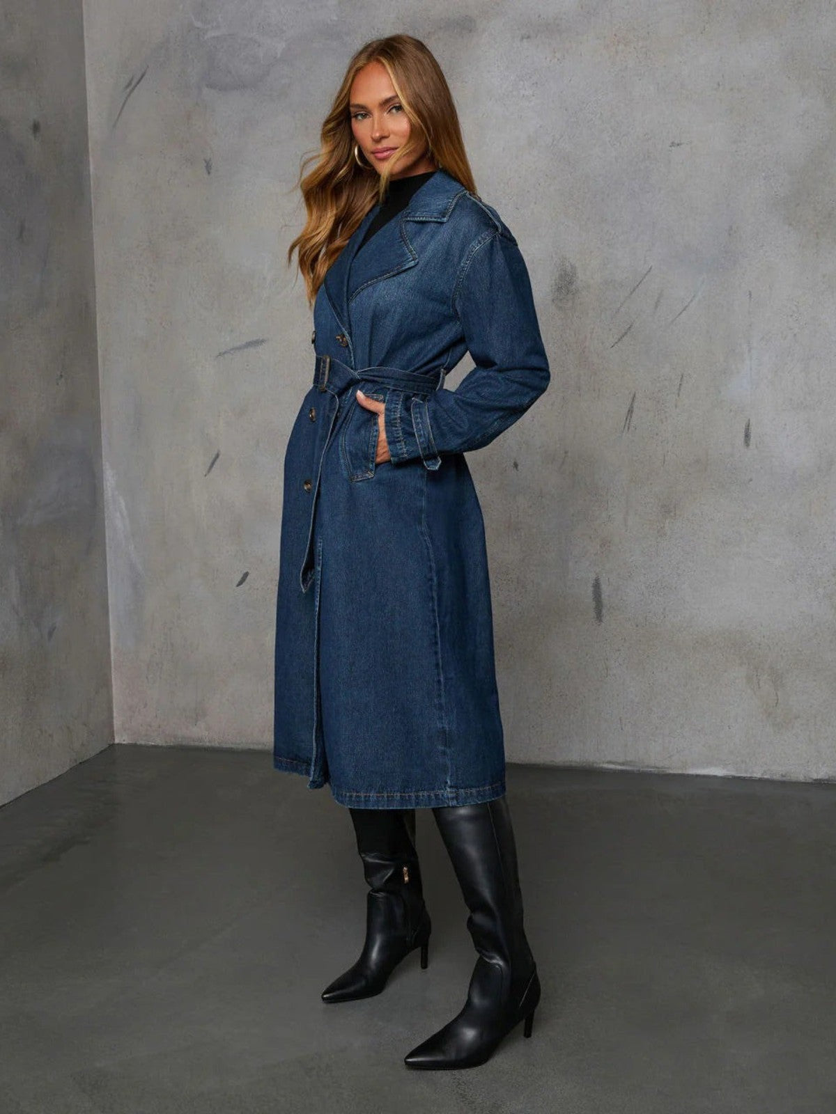 Tahlia Double-Breasted Denim Trench Coat