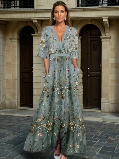 Hazel - Elegant V-Neck Belted Boho Dress